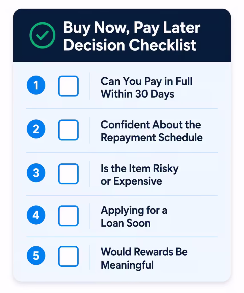 Checklist card with five yes or no questions to help decide between an installment plan or a card payment