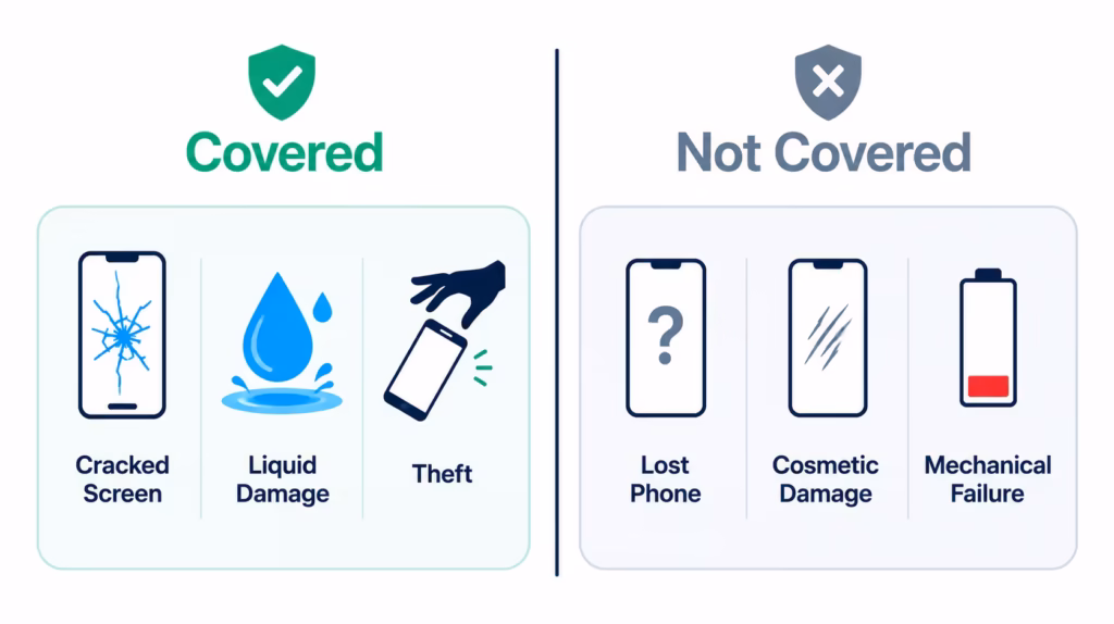 Split illustration comparing covered phone damage events against common excluded events.