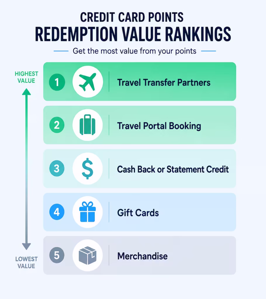 Ranked list of redemption options from highest value travel transfers to lowest value merchandise