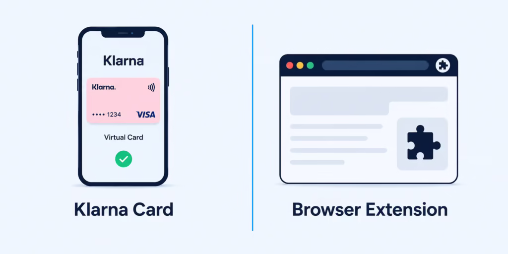 Split illustration showing a virtual payment card on one side and a browser extension icon on the other