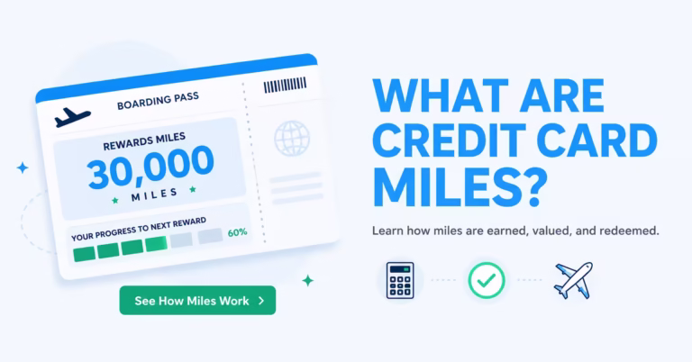 Illustration of a boarding pass with a mileage counter next to credit card miles guide headline text