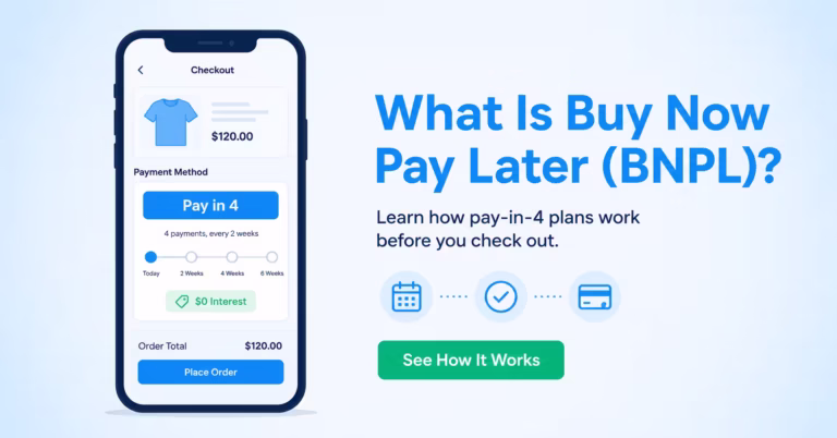: Smartphone checkout screen showing a buy now pay later payment plan option with timeline