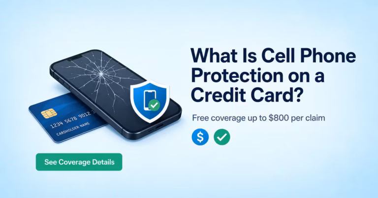A cracked smartphone screen resting on a credit card, illustrating cell phone protection coverage on credit cards.