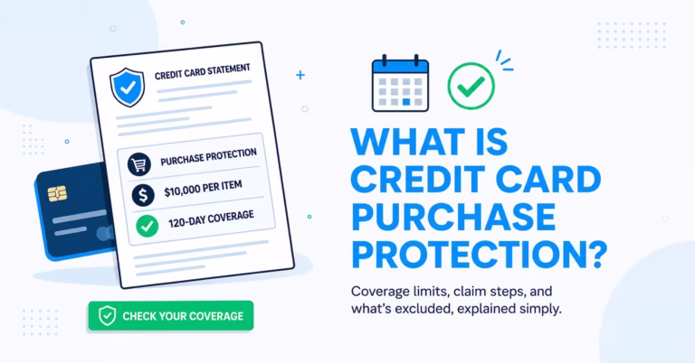 A credit card statement document showing purchase protection coverage details and a check coverage button