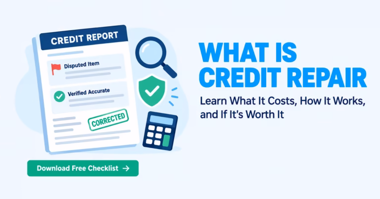 A credit report illustration showing disputed and verified items next to the words what is credit repair