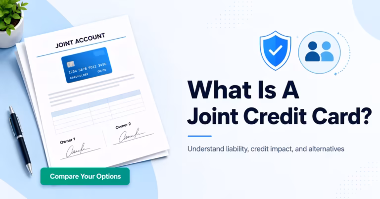 Illustration explaining what a joint credit card is with a shared account document and two owner signature lines