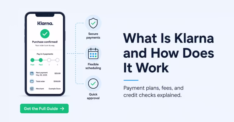 Smartphone showing a mobile checkout screen next to text explaining what Klarna is and how it works